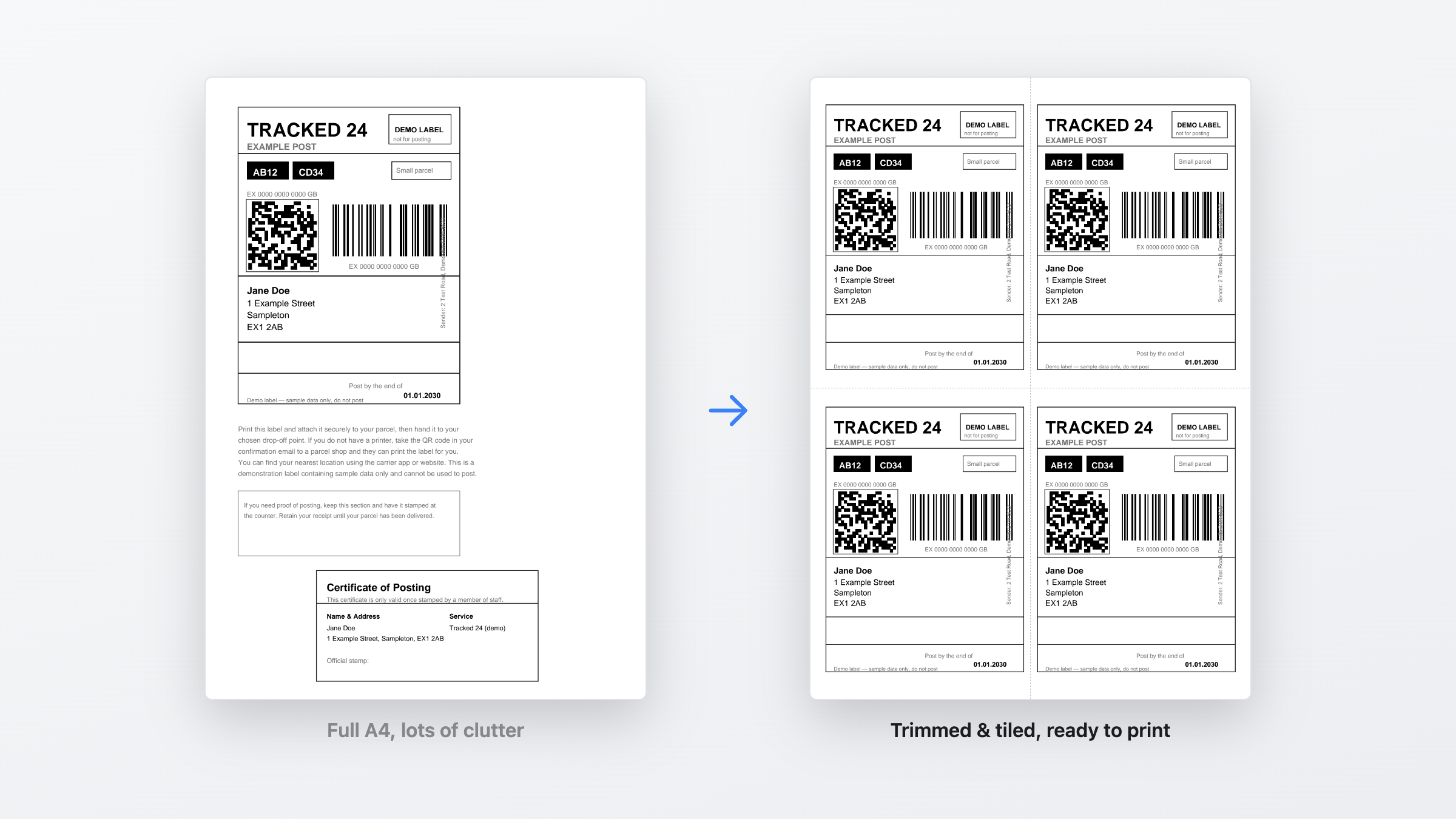 Side by side: a cluttered full-page carrier PDF on the left, and a clean four-up trimmed sheet on the right.