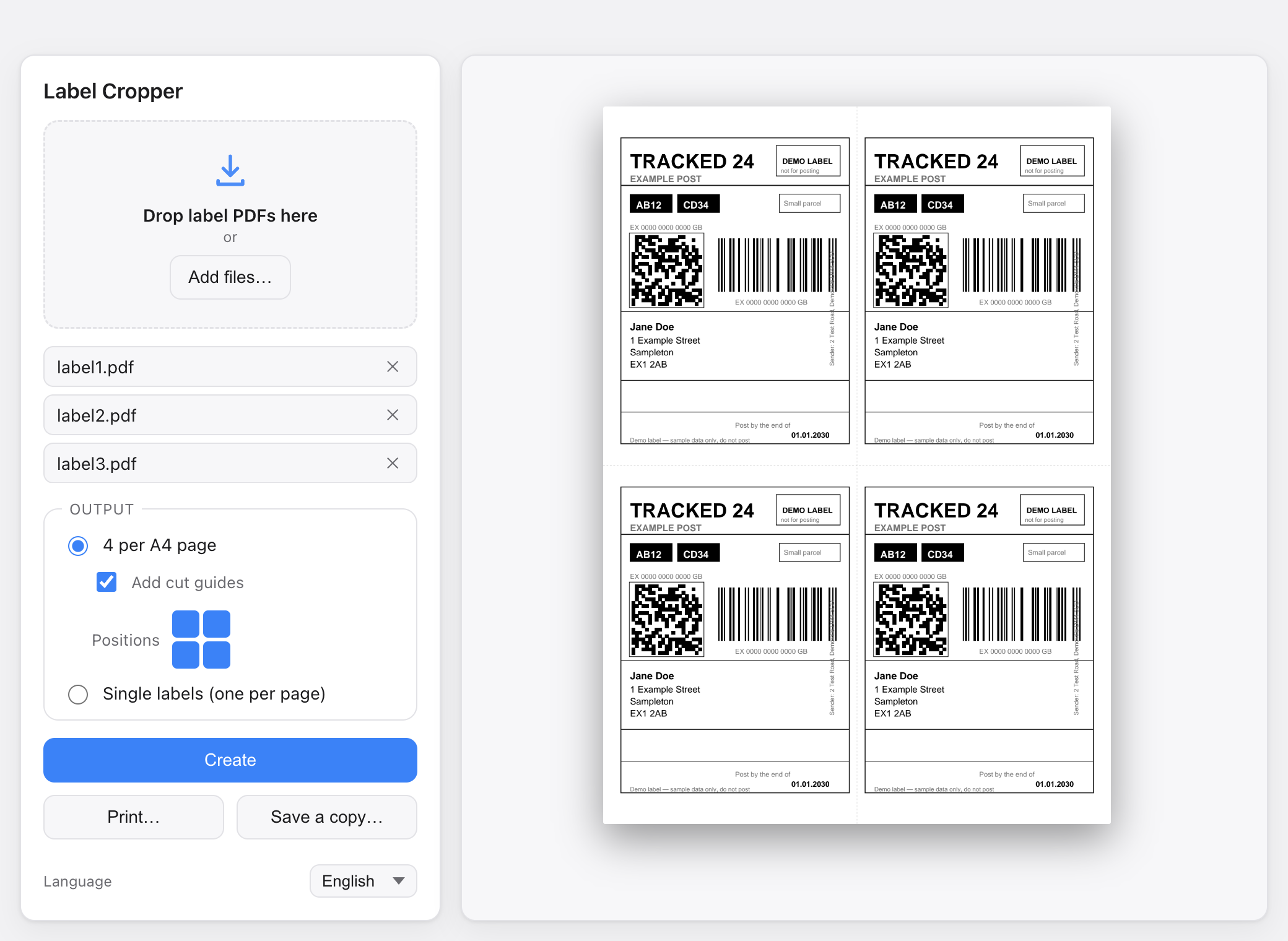 The app showing four trimmed shipping labels arranged four-up on a single A4 preview, ready to print.