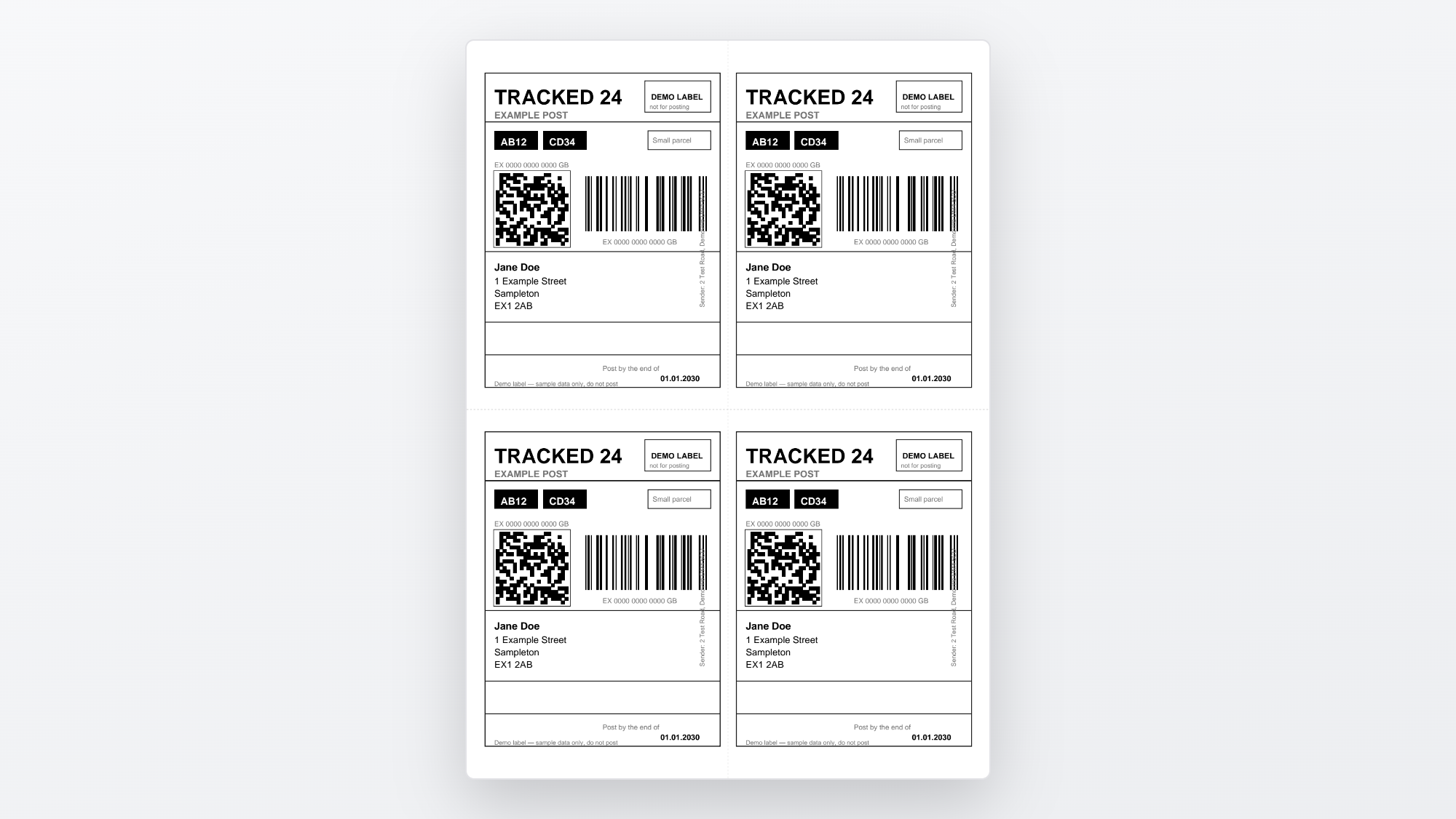 Four shipping labels tiled onto a single A4 sheet with dashed cut guides between them.